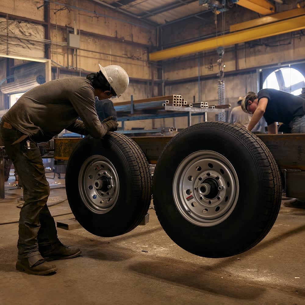 Two workers in a workshop assembling a metal frame for a dump trailer with large rubber wheels. One worker wearing a hard hat leans on a tire, while the other works in the background. The industrial setting includes metal beams, tools, and overhead cranes.