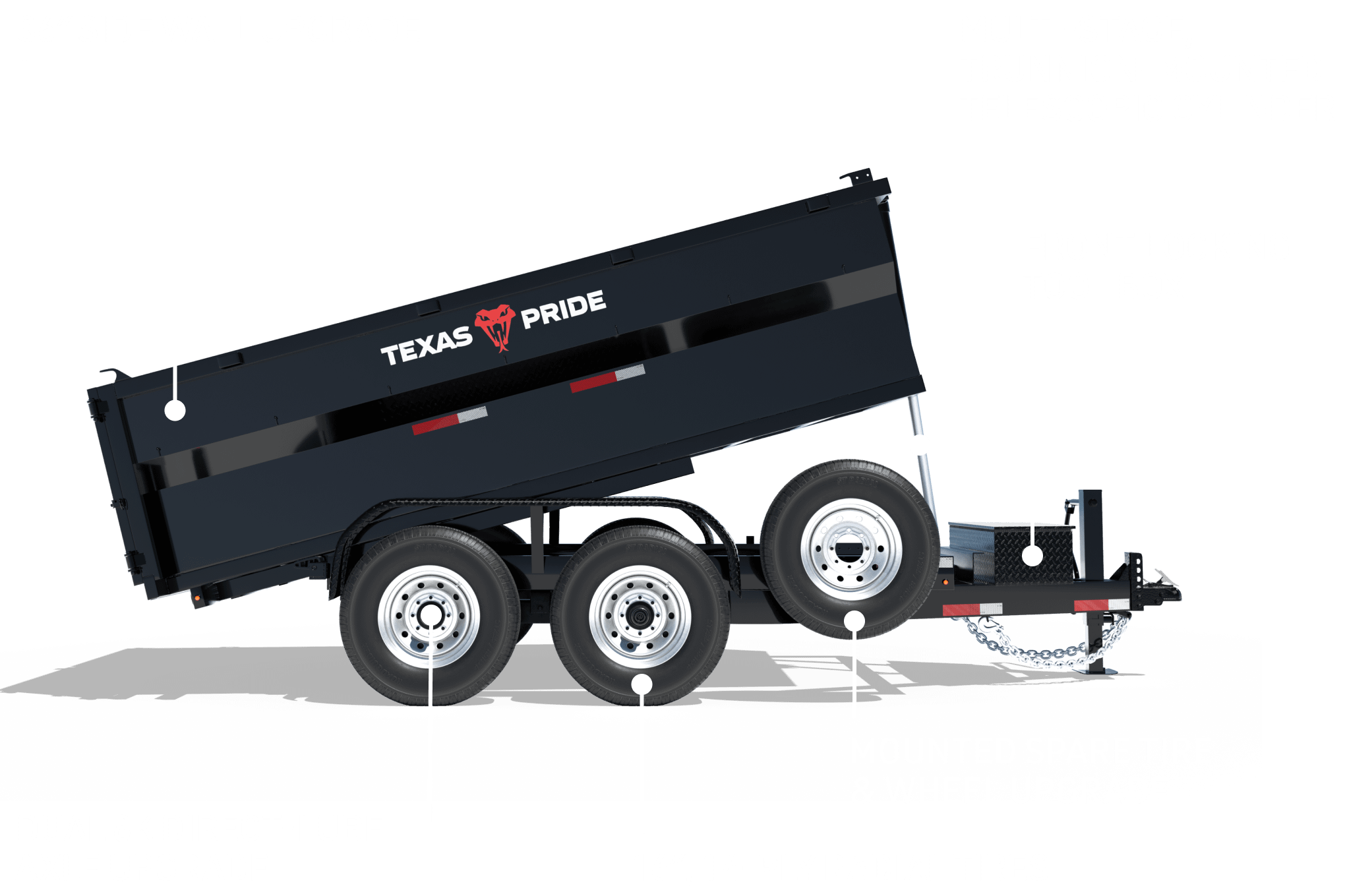 Side view of a black Texas Pride 16K GVWR dump trailer with raised bed showing 36-inch side walls, triple axles, 14-ply radial tires, front-locking toolbox, spare tire mount, and multi-stage telescopic cylinder.
