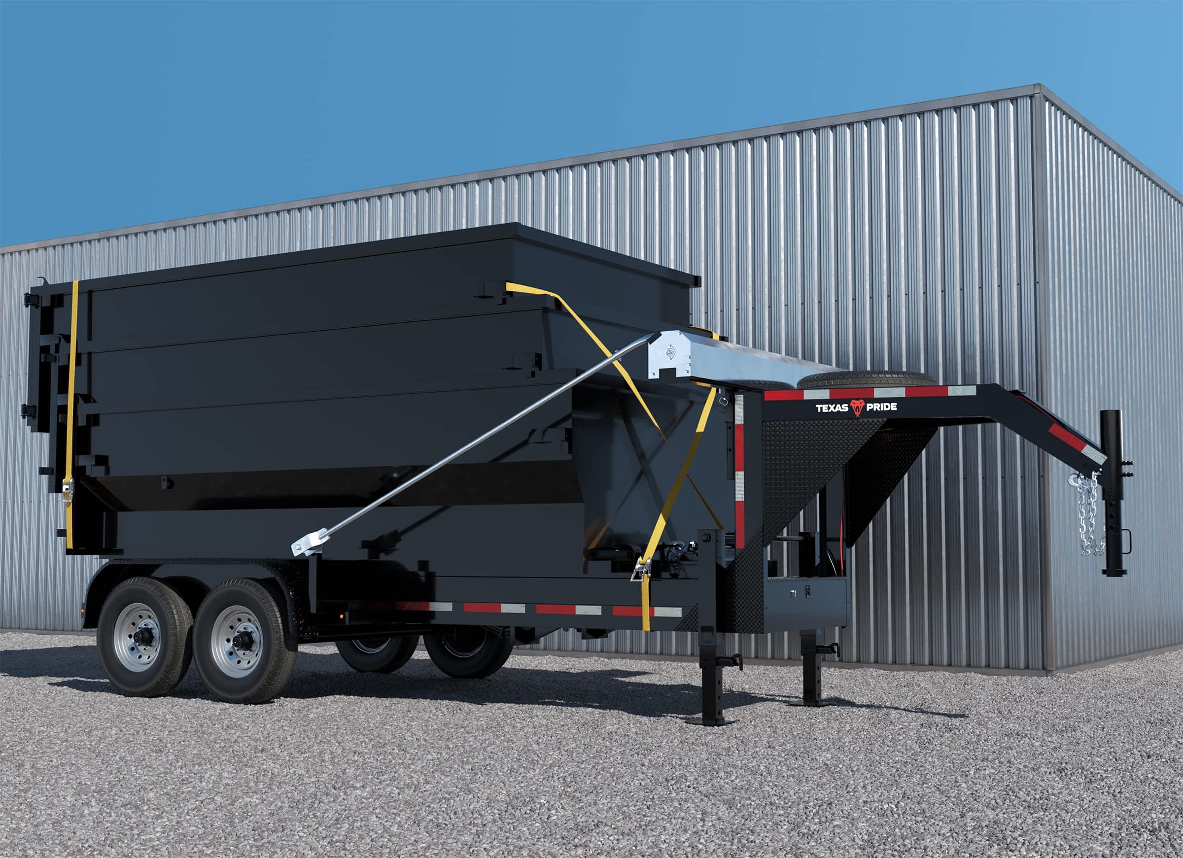 Texas Pride 7×16 Gooseneck roll-off trailer with 3 dumpster containers for jobsite cleanouts and debris handling.