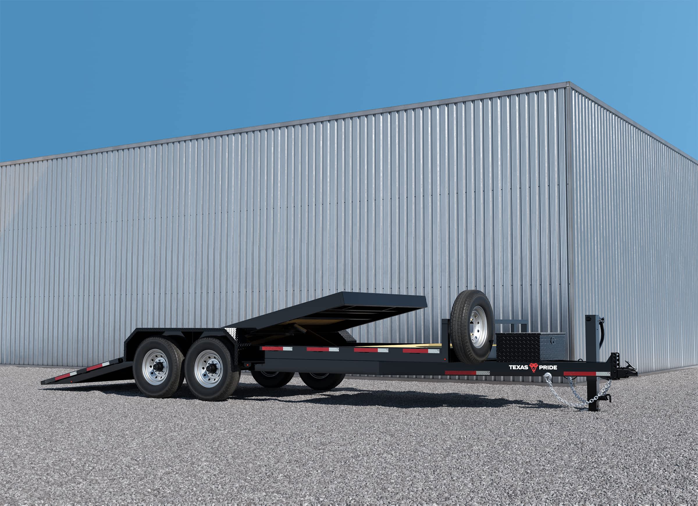 Texas Pride Trailers Gravity Tilt 14K 7×17+4 Tandem Axle – gravity tilt trailer designed for smooth, ramp-free equipment loading and durable tandem axle hauling.