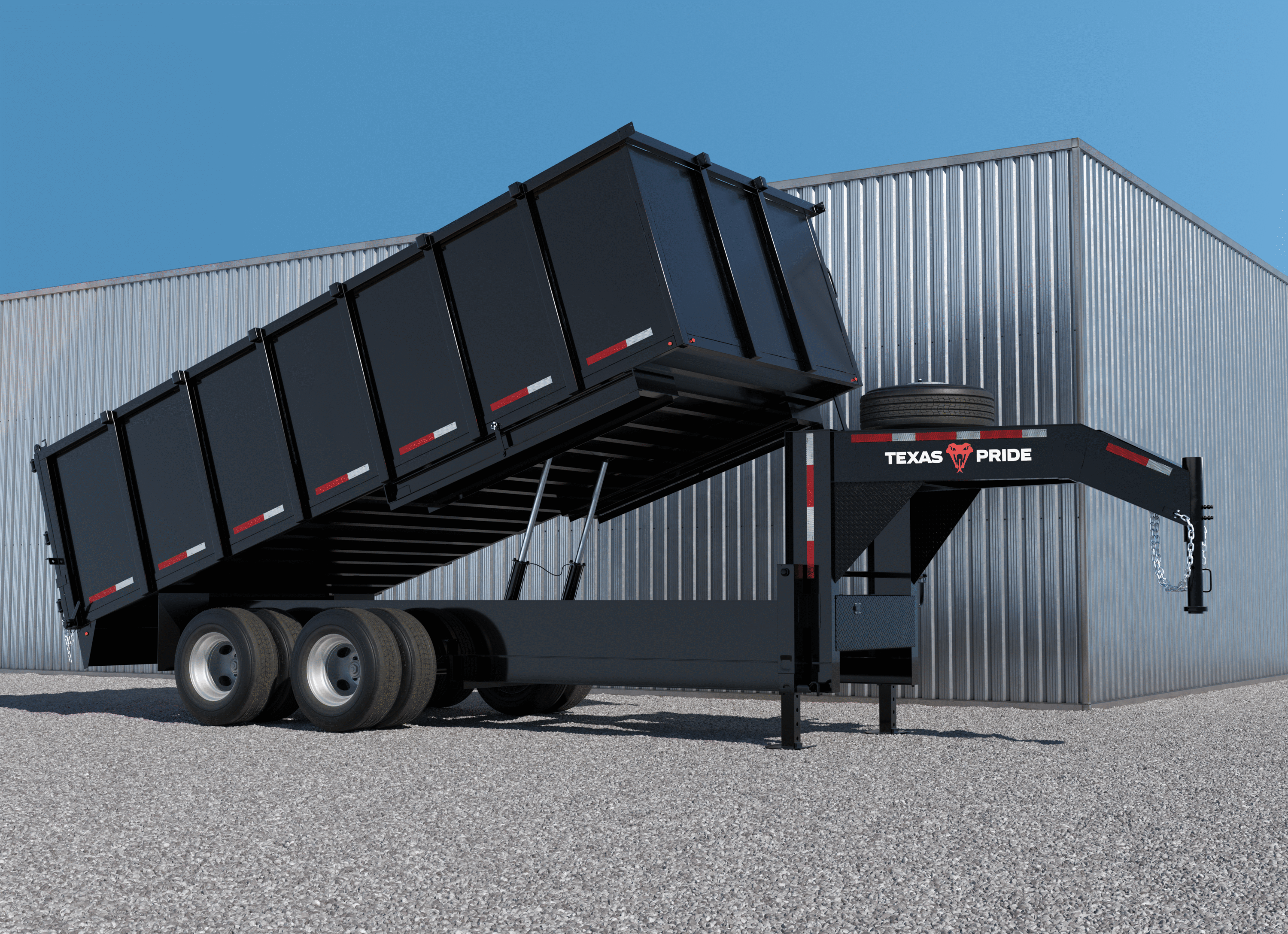 Texas Pride Trailers Dump 26K 8×18, Gooseneck, Tandem Axle, Dual Wheel – heavy-duty dump trailer built for hauling rock, debris, or demolition waste with a rugged axle setup.