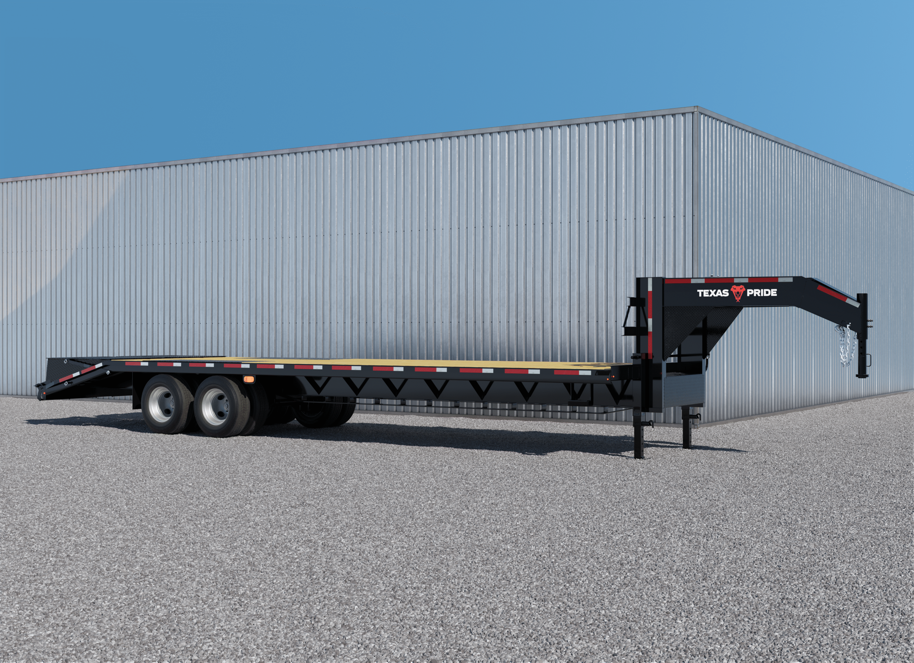 Texas Pride Trailers Flatbed 26K 8×25+5 Gooseneck Dual Wheel – flatbed trailer with gooseneck design for stable hauling of equipment, pallets, or materials.