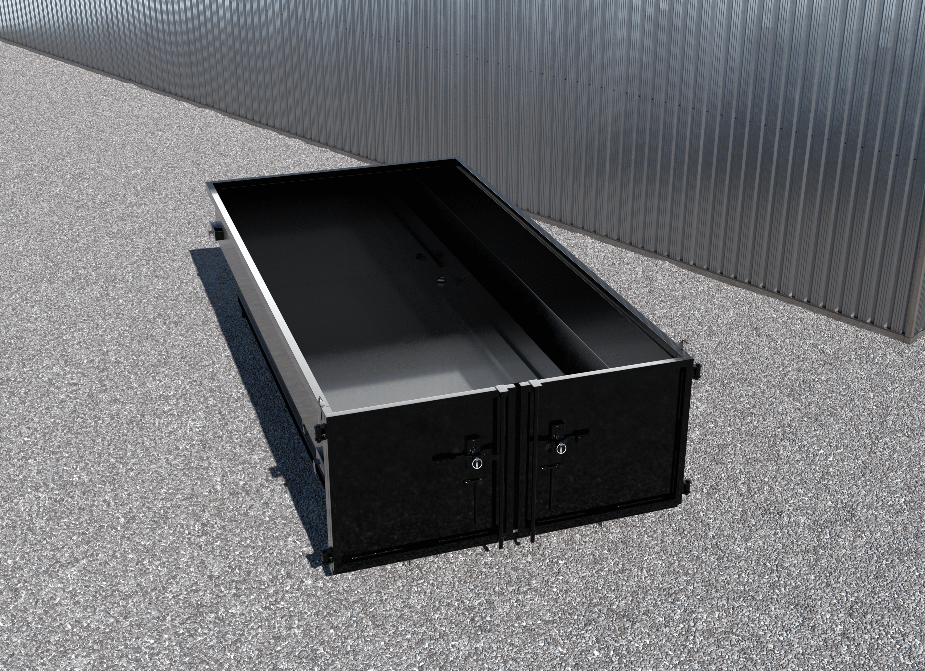 Heavy-duty roll-off trailer dumpster bin for sale from Texas Pride Trailers, shown in black with 48″ sidewalls, double-swing rear doors, and reinforced steel construction—built for hauling debris, gravel, and jobsite waste.